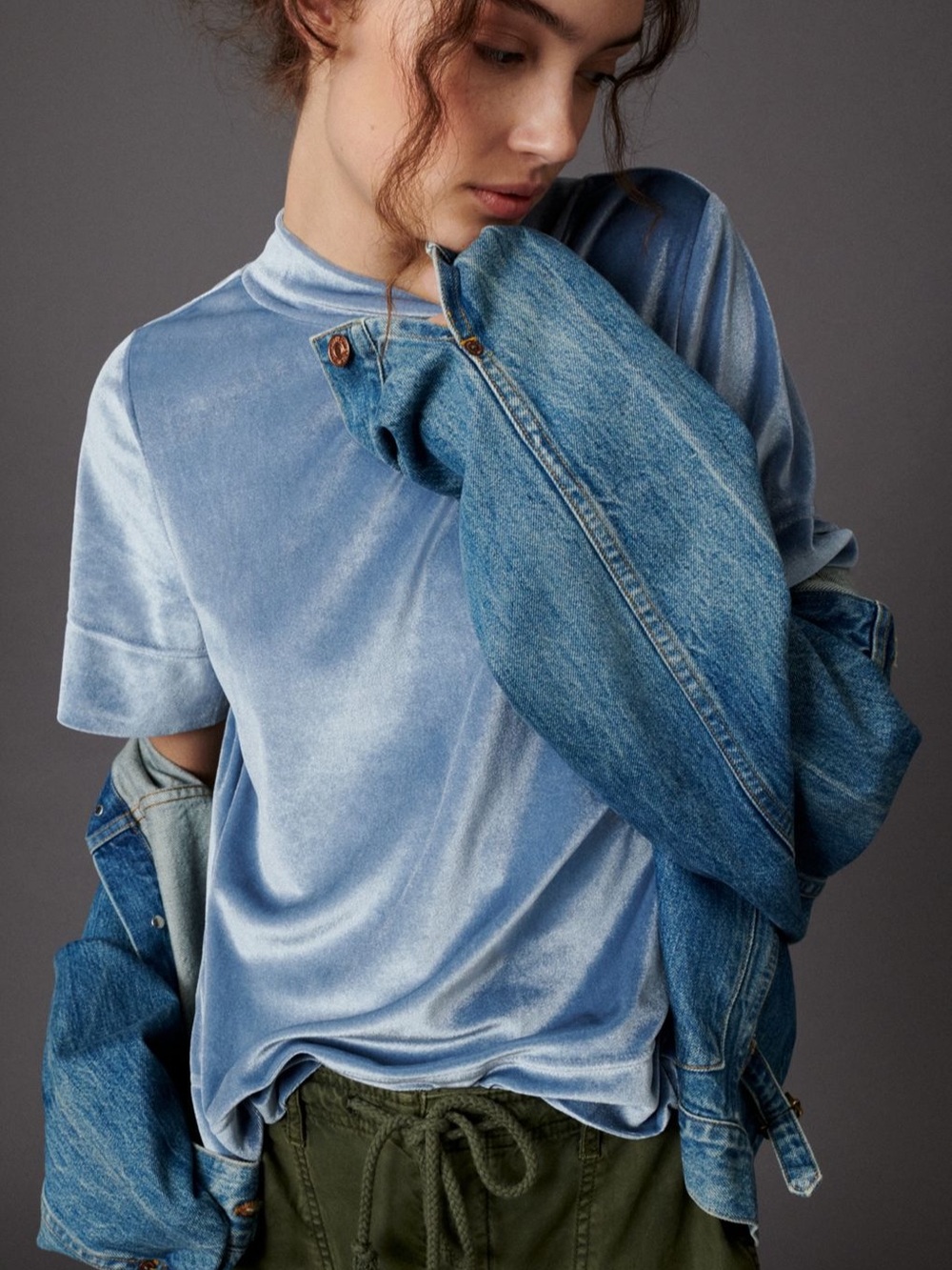 Anthropologie Krisha Blue Velvet Mock Neck Stretch Top Cottagecore Fairycore XS